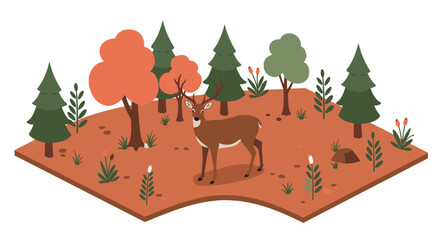 Naklejka premium Isometric deer in autumn forest with colorful trees and plants