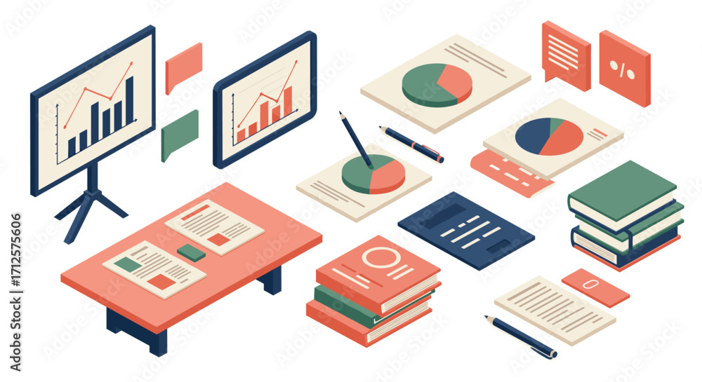 Poster isometric business data visualization with charts and documents