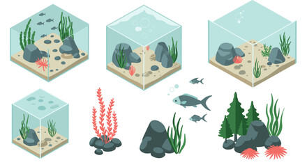 Isometric aquascaping designs featuring aquariums with fish and plants