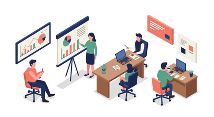 Isometric office meeting with charts and collaboration in modern workspace