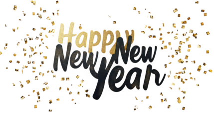 Happy new year wishes with golden confetti on a black festive background