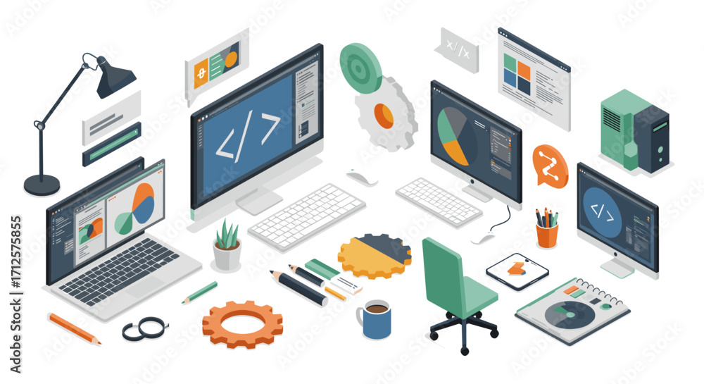 Poster modern isometric workspace with computers and office supplies for technology and design