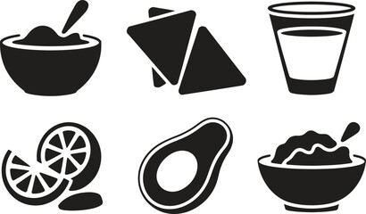 Mexican food icons guacamole avocado chips and drink