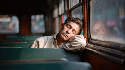 Tired man sleeping on bus leaning against window during daytime ride