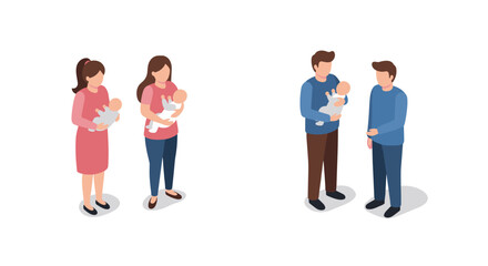 Obraz premium Families with babies in isometric style: parenting and childcare concepts