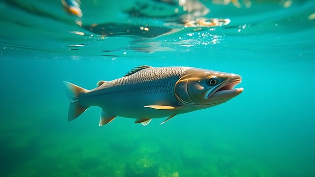 Underwater view of trout swimming in clear stream, showcasing tranquil aquatic scenery.
