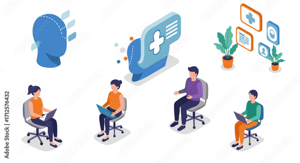 Poster isometric office communication and technology concepts with teamwork elements