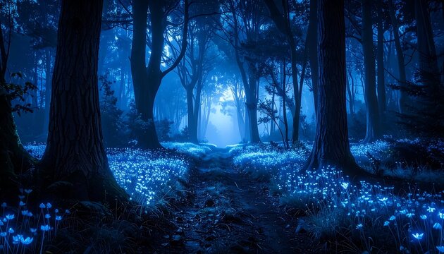 Mystical blue forest path at night