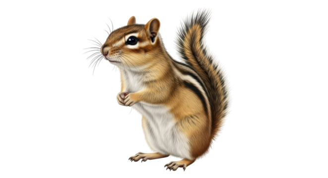Isolated portrait of a cute chipmunk standing with hands clasped, looking to the left, animal art