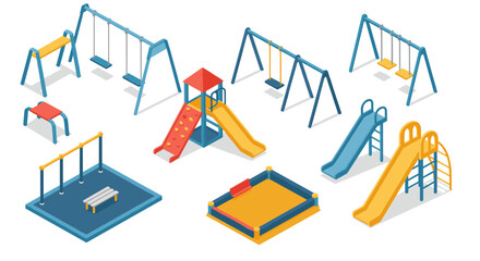 Colorful playground equipment set in isometric style for kids' outdoor activities