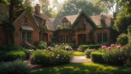 A sun-drenched, charming, brick house with a lush garden
