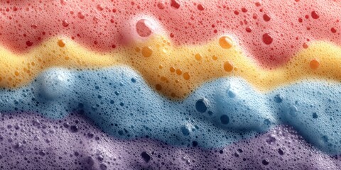 Vibrant display of rainbow detergent foam creates a colorful pattern that captivates the senses with bubbles and varying hues, inviting a closer look to enjoy its playful nature. banner