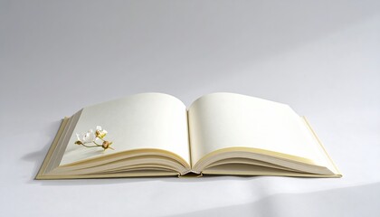 Open Book with Blank Pages and White Flowers on Light Background