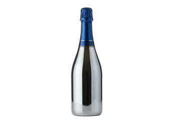 Isolated metallic silver champagne bottle with a blue cap and neck, in studio setting