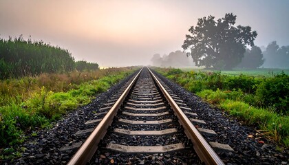 Railroad tracks through a foggy landscape at sunrise