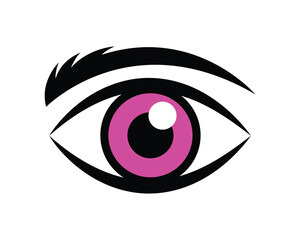 Stylized eye illustration shows bold pink iris with striking black lashes on white background