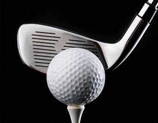 a close up photo of a white golf ball balanced on a tee in front of an iron club with a black background taken from a worm s eye view tee off tee competition golf club