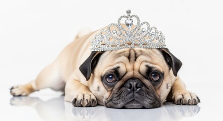 Obraz premium Cute pug wearing a tiara, isolated on white background