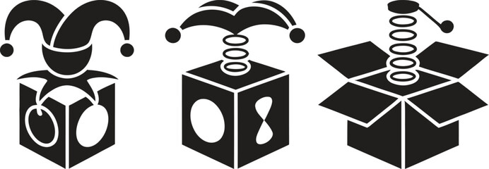 Three silhouette icons of a jack in the box toy
