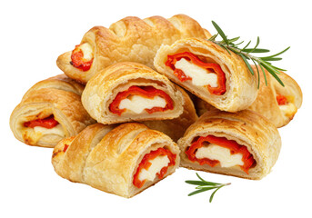 Isolated puff pastry rollups with red bell pepper and cheese filling, fresh appetizer snack