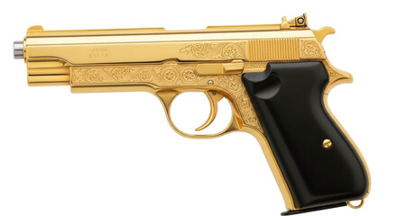 Isolated gold plated pistol firearm close-up showcasing ornamental design, sleek black grip