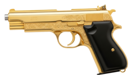 Isolated gold plated pistol firearm close-up showcasing ornamental design, sleek black grip