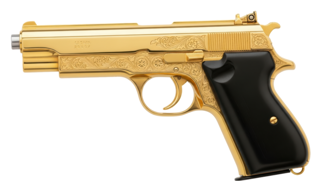 Isolated gold plated pistol firearm close-up showcasing ornamental design, sleek black grip