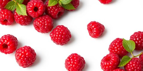 Luscious ripe raspberries, vibrant red, glistening with juice, scattered on pristine white ,  food,  texture