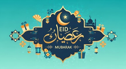 Eid Mubarak Celebration - Festive Design with Arabic Calligraphy and Decorations.