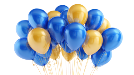 Bunch of blue and yellow balloons isolated on transparent background