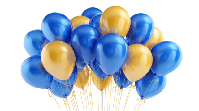 Bunch of blue and yellow balloons isolated on transparent background - Powered by Adobe