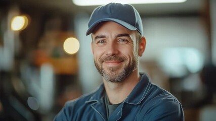 The Skilled Mechanic: A confident mechanic, clad in a blue uniform and cap, smiles radiantly, exuding professionalism and expertise in a dimly lit workshop setting.