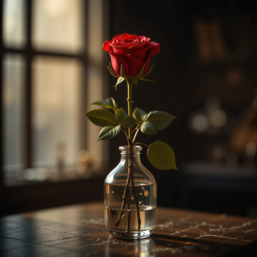 A single red rose stands tall in a clear glass vase filled with water, set against a blurred, warm background.