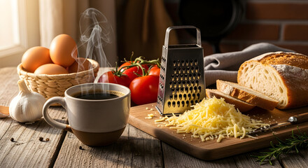 Rustic breakfast scene featuring coffee, eggs, cheese, tomatoes and freshly baked bread