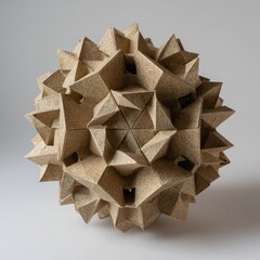 Complex Modular Origami Sphere: Textured Brown Paper Geometric Art with Spiky Facets on Grey Background