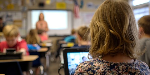 Students using tablets in a modern classroom with teacher in background