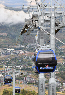 View of gondolas from the top of ski resort, Steamboat Springs in Colorado, USA