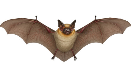 Isolated brown bat with wings spread, front view, flying mammal, wild nocturnal animal