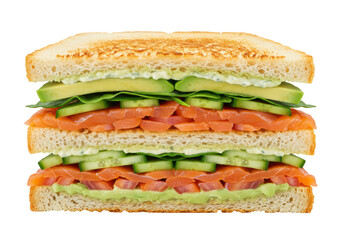 Isolated three-layered salmon sandwich filled with vegetables ready to be eaten at any time