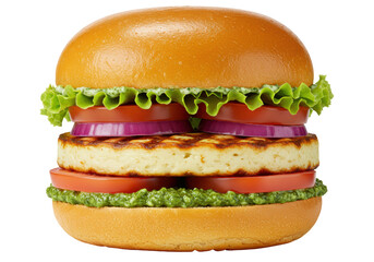 Isolated halloumi burger stack on bread with tomato, onion and lettuce ingredients