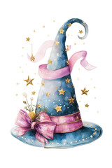 A whimsical blue witch hat adorned with stars and a pink ribbon, featuring a floral accent and sparkling details.