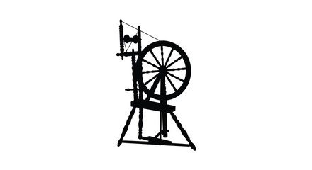 Vintage spinning wheel depicted in a stark black and white silhouette