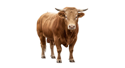 Isolated Limousine bull with ring in nose posing, standing, livestock animal, looking at camera