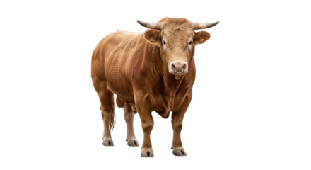 Isolated Limousine bull with ring in nose posing, standing, livestock animal, looking at camera