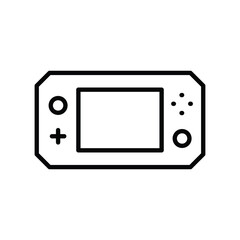 A black and white line drawing of a handheld game console featuring buttons a Dpad and a central screen. Line icon. Editable stroke