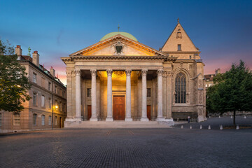 Geneva, Switzerland. View of Saint Pierre Cathedral at dusk