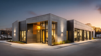 Fototapeta premium The modern architectural building is captured during the golden hour, showcasing an elegant design.
