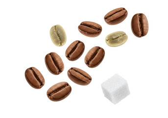 Isolated Group of Coffee Beans and a Sugar Cube, Beverage Ingredient in a Natural Setting