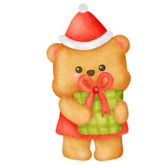 A teddy bear is holding a green gift box. The bear is wearing a red hat and a red ribbon