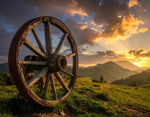 Fototapeta premium Rustic wagon wheel at sunset